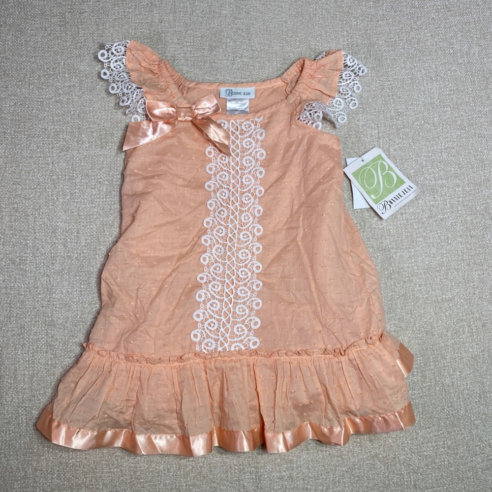 NWT Bonnie Jean Peach Swiss Dot Lace Ruffle Dress Toddler 3T R62666-DS PCH
